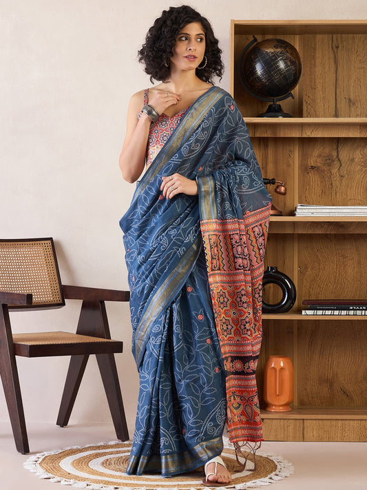 Steel Blue Printed Cotton Ikat Saree