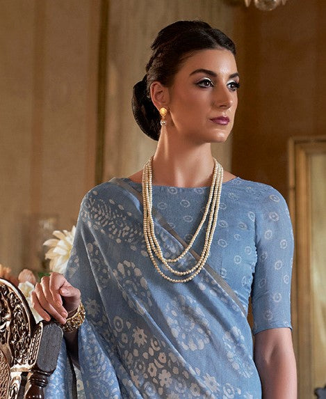 Steel Blue Blue Bagru Cotton Saree