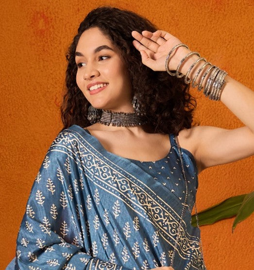 Steel Blue Printed Bagh Cotton Saree