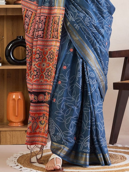 Steel Blue Printed Cotton Ikat Saree
