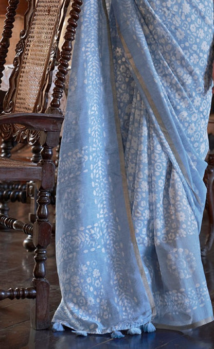 Steel Blue Blue Bagru Cotton Saree