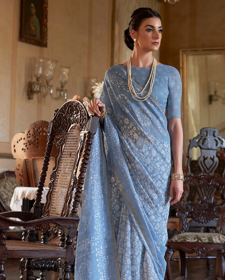 Steel Blue Blue Bagru Cotton Saree