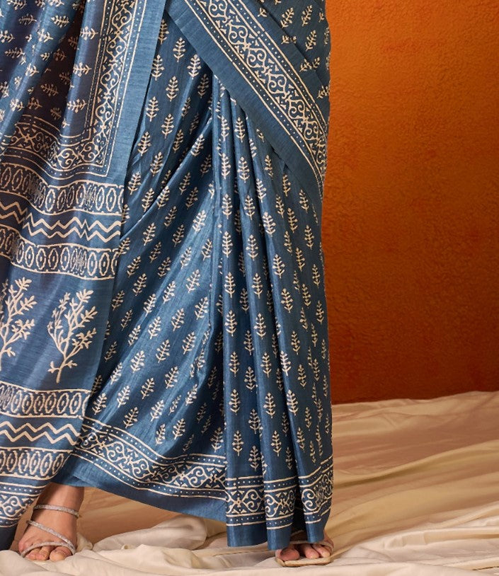 Steel Blue Printed Bagh Cotton Saree