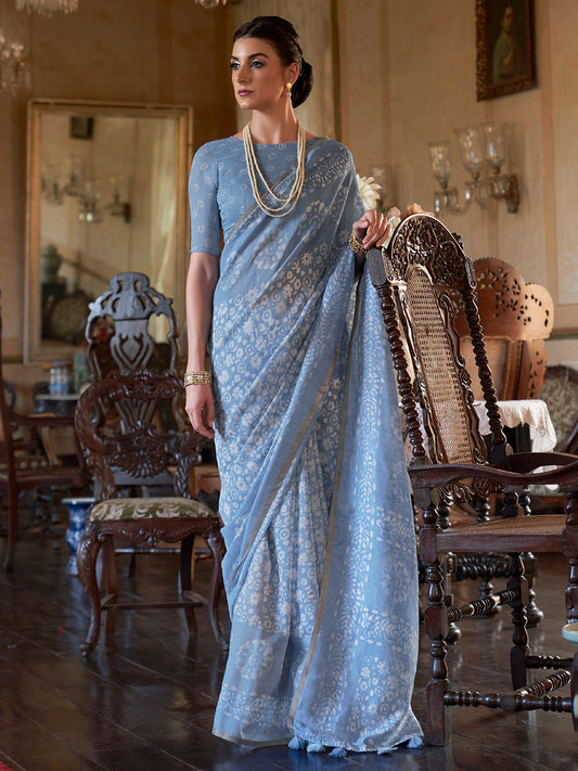 Steel Blue Blue Bagru Cotton Saree