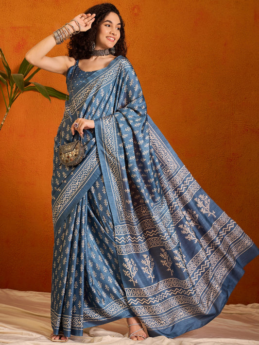 Steel Blue Printed Bagh Cotton Saree