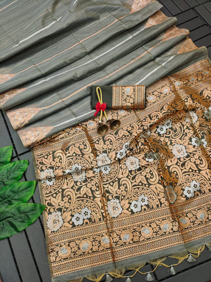 Steel Grey Tussar Silk Saree