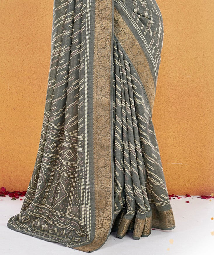 Steel Grey Printed Sungudi Dola Silk Saree