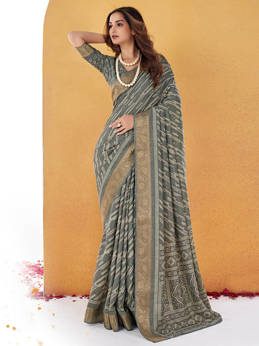 Steel Grey Printed Sungudi Dola Silk Saree