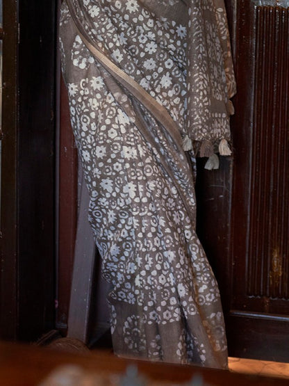Stone Grey Blue Bagru Cotton Saree