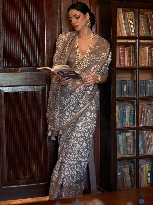 Stone Grey Blue Bagru Cotton Saree