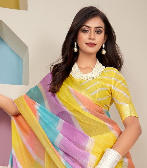 Sun Yellow Printed Chiffon Leheriya Saree