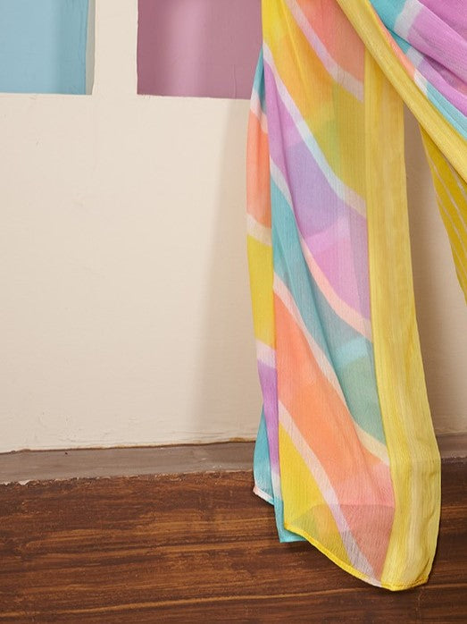 Sun Yellow Printed Chiffon Leheriya Saree