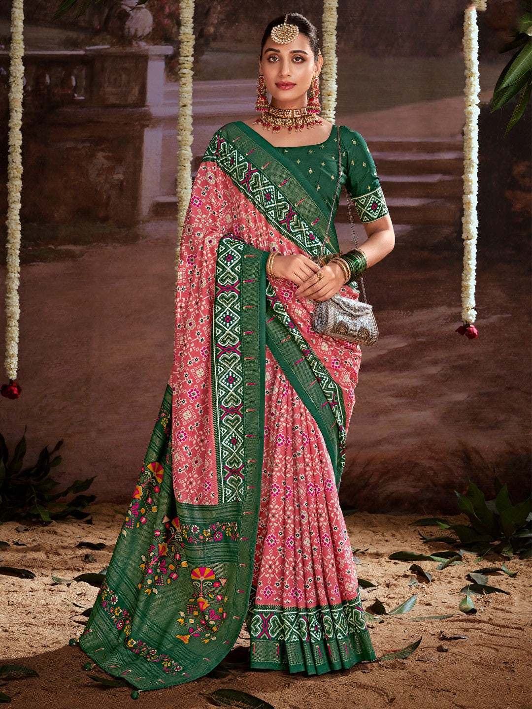 Taffy Pink Printed Tussar Silk Ikat Saree