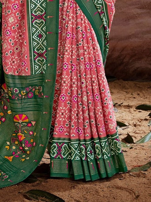 Taffy Pink Printed Tussar Silk Ikat Saree