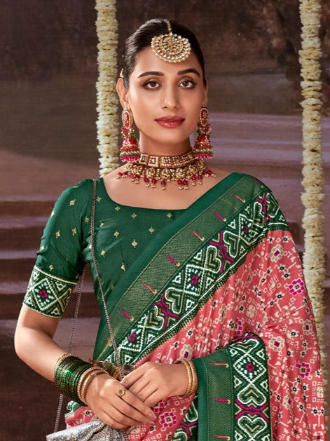 Taffy Pink Printed Tussar Silk Ikat Saree