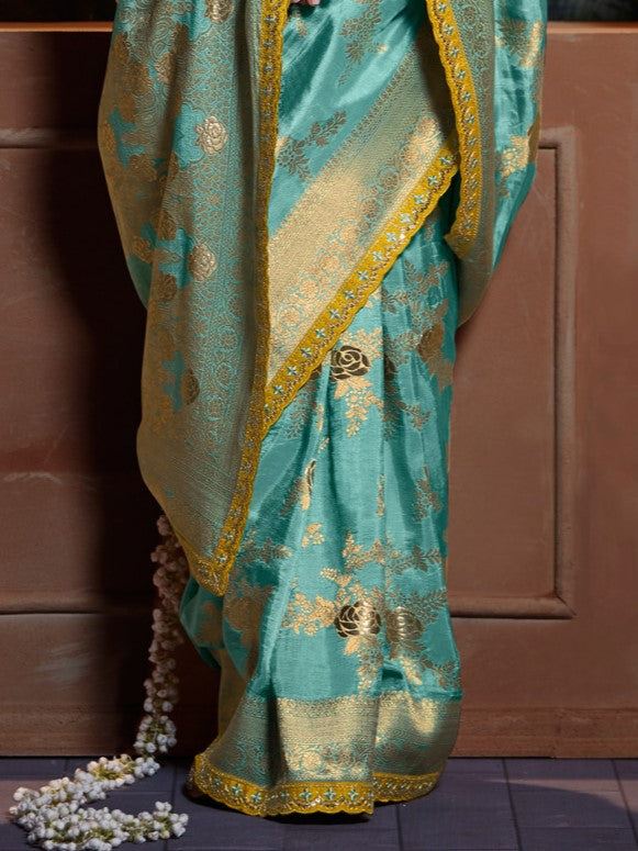 Teal Blue Woven Banarasi Silk Saree