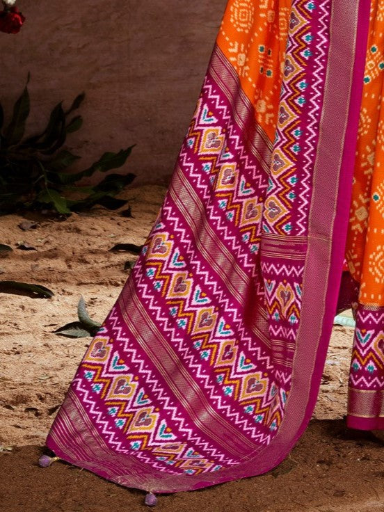 Tiger Orange Printed Tussar Silk Ikat Saree