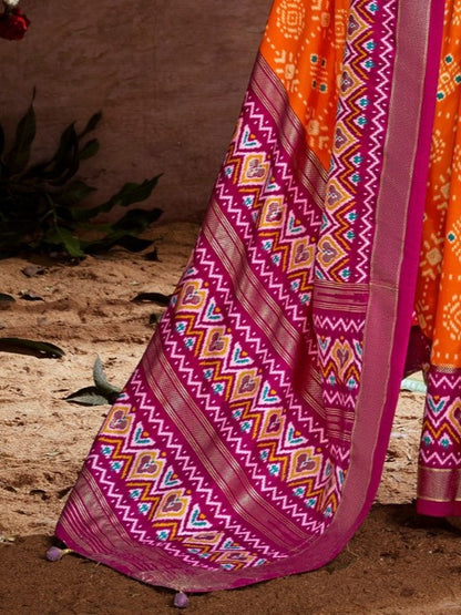 Tiger Orange Printed Tussar Silk Ikat Saree