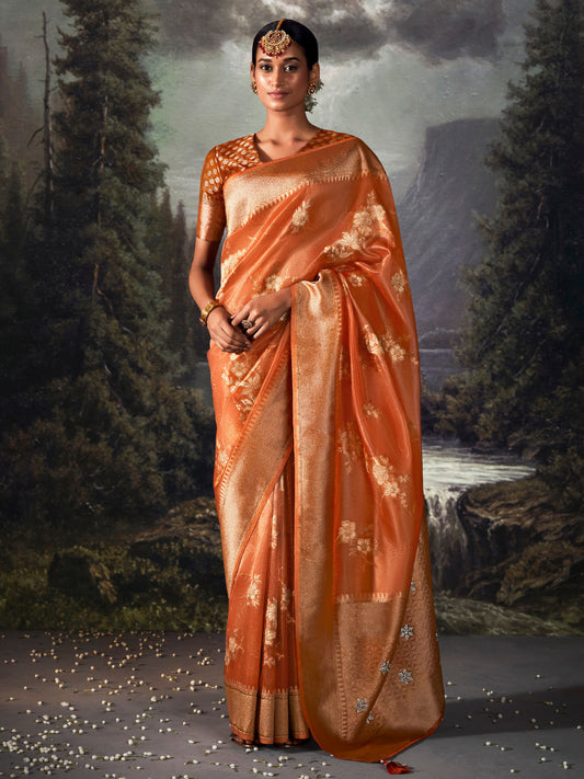 Tiger Orange Woven Tissue Silk Saree