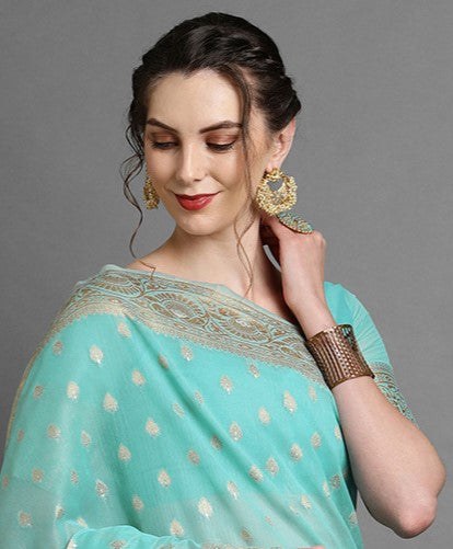 Turquoise Green Woven Banarasi Saree