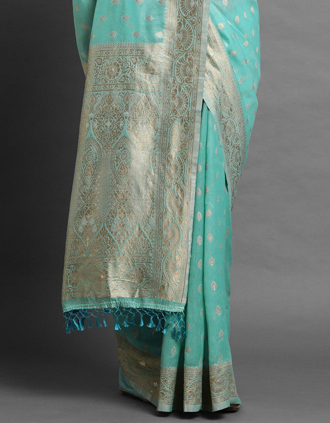 Turquoise Green Woven Banarasi Saree