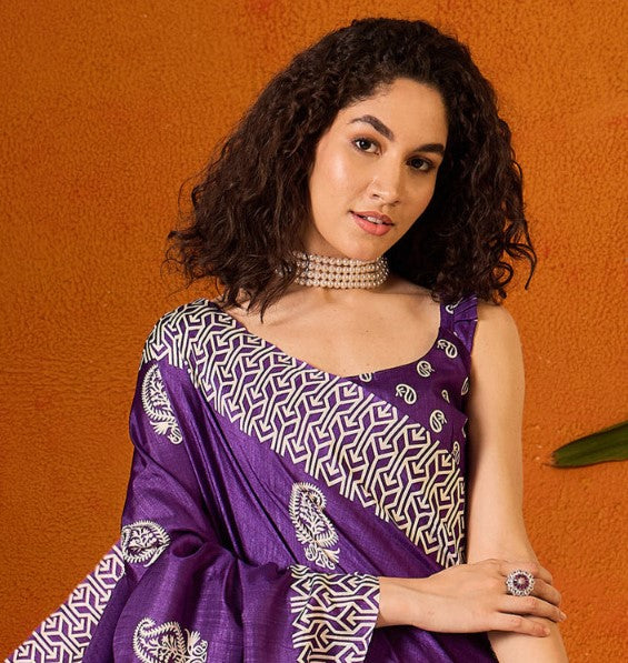 Violet Printed Bagru Cotton Saree