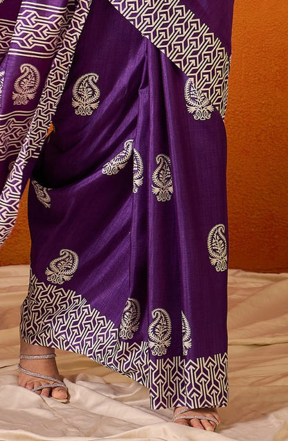 Violet Printed Bagru Cotton Saree