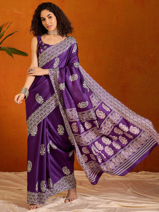 Violet Printed Bagru Cotton Saree