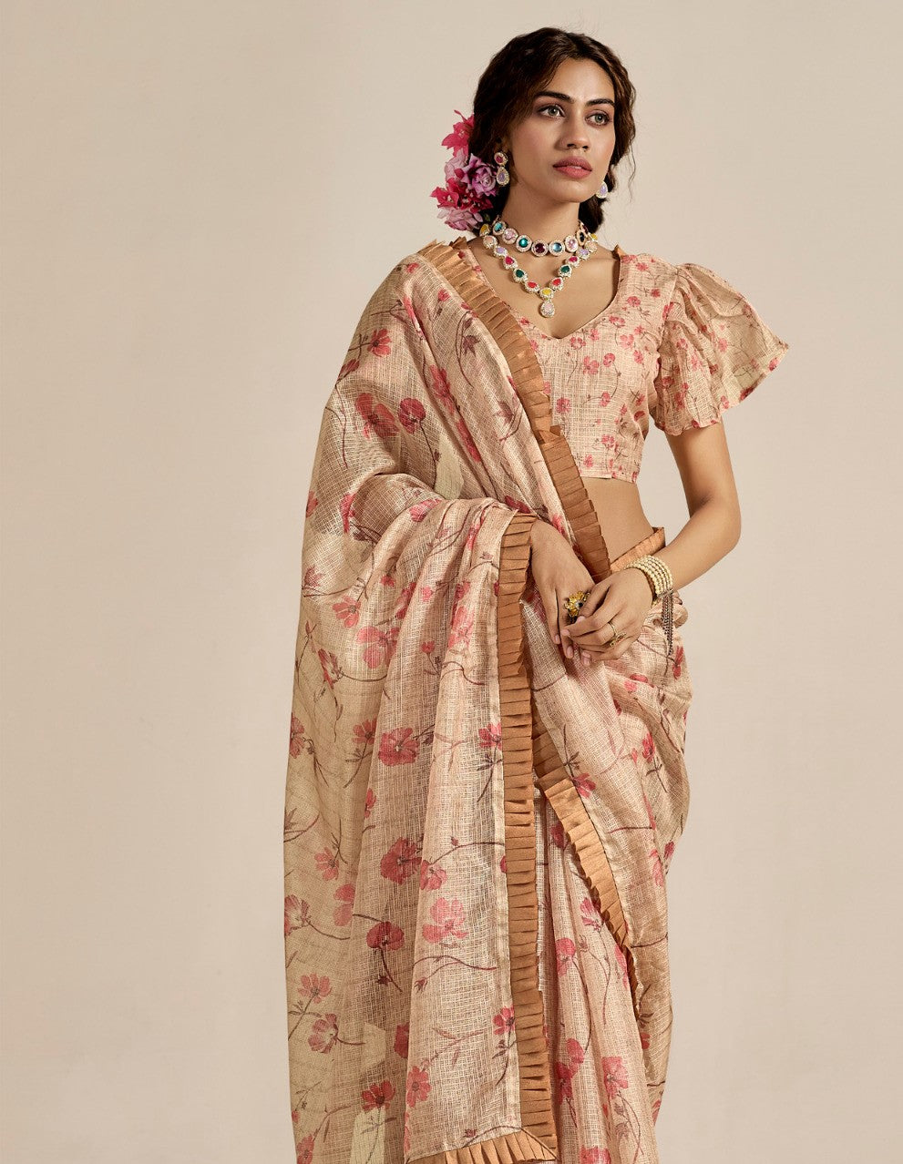 Wheat Brown Kota Cotton Saree