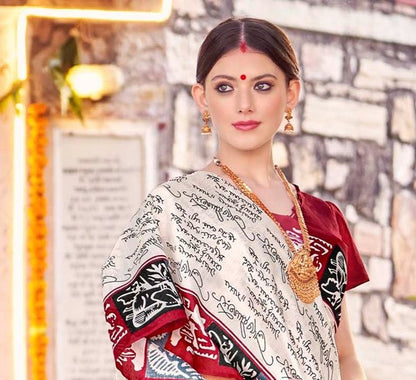 White & Red Printed Bagh Silk Saree