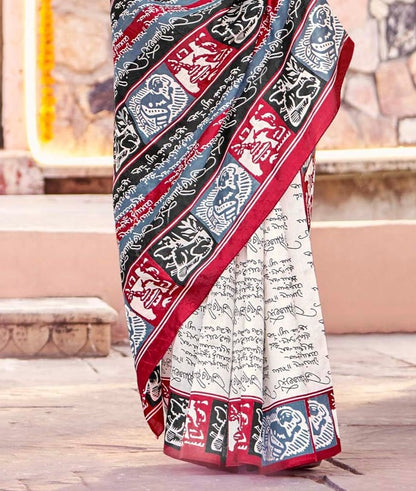 White & Red Printed Bagh Silk Saree