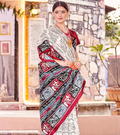 White & Red Printed Bagh Silk Saree