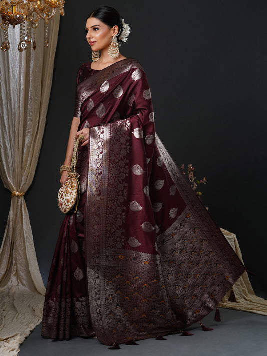 Wine Red Woven Banarasi Silk Saree