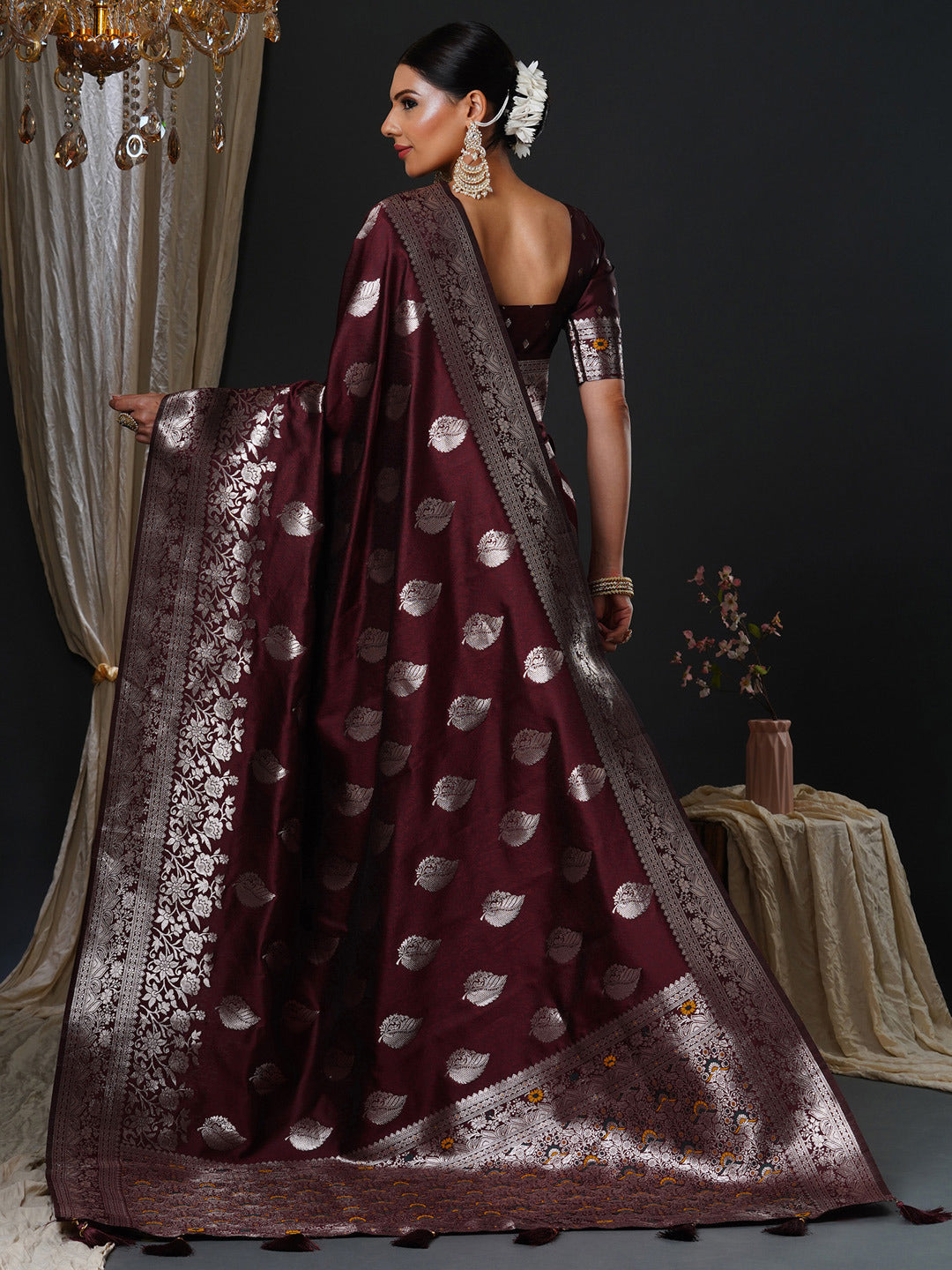 Wine Red Woven Banarasi Silk Saree