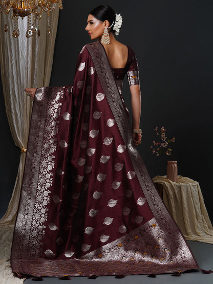 Wine Red Woven Banarasi Silk Saree